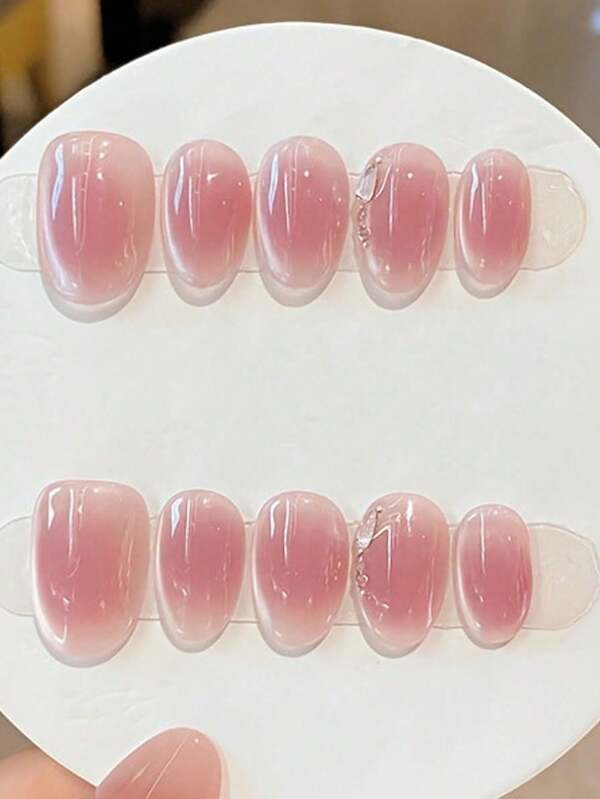 10Pcs Rose Ombre Press-On Nails, Oval Medium Length, Pearlescent Finish, Unique Patterned Design, Handcrafted, Luxurious, Suitable For Special Occasions, Removable & Reusable Nail Supplies Nails