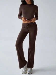 2pcs/Set Women Solid Color Long Sleeve T-Shirt And Pants Suit - 棕色 - 查看 4