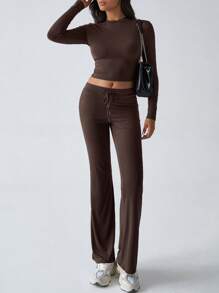 2pcs/Set Women Solid Color Long Sleeve T-Shirt And Pants Suit - 棕色 - 查看 6
