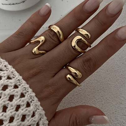 4pcs Vintage Geometric Hollow & Liquid Abstract Adjustable Gold Rings Set, Charming Jewelry Accessory Suitable For Women's Daily, Casual & Festival Decoration, Gift