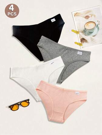 4 件套少女罗纹针织纯色条纹内衣套装，适合少女，舒适秋冬款三角内裤