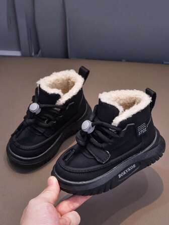 1 Paio di Stivali da neve unisex di colore unito, stivali corti antiscivolo resistenti all'usura per bambini, stivali da esterno versatili e alla moda con fodera termica, adatti per autunno/inverno