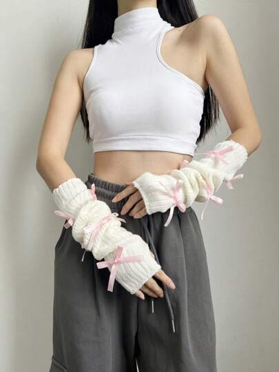 1 zestaw damskich, modnych białych rękawków do jogi i baletu, czarne, dzianinowe ocieplacze na ręce, różowe, estetyczne rękawiczki bez palców z kokardką, rękawki w stylu ulicznym Y2K Vibe, odpowiednie do noszenia na co dzień, na randki, do domu i na zewnątrz