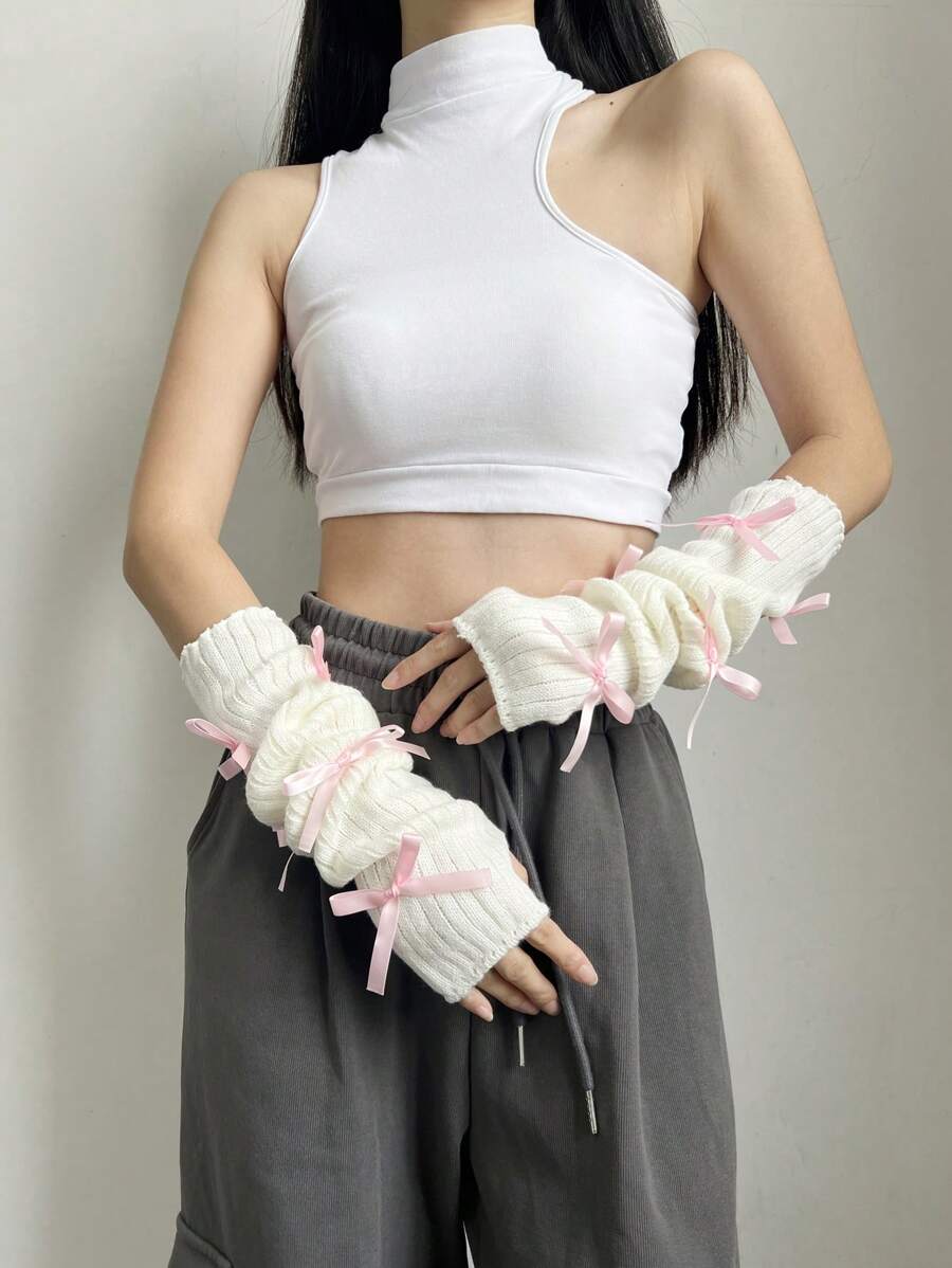 1 Set Women's Fashion Yoga Ballet Style White Arm Sleeves, Black Knitted Arm Warmers, Pink Aesthetic Fingerless Gloves With Bow Decor, Streetwear Y2K Vibe Arm Sleeves Suitable For Daily Wear, Dates, Home, Outdoor