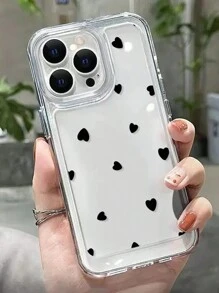 苹果1pc黑色小心心可爱图案透明太空全包防摔手机保护壳兼容iPhone11 12 13 14 15 16promax - 彩色 - 查看 2