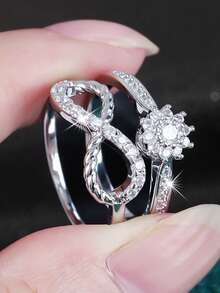 2 chiếc nhẫn tròn Cubic Zirconia Micro-Pave biểu tượng vô cực đơn giản thời trang, phù hợp cho phụ nữ, quà tặng ngày lễ cho người lớn tuổi vào ngày lễ Tạ ơn - Bạc - Xem 10