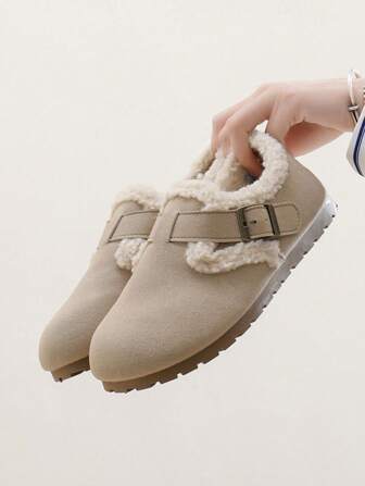 复古抓绒保暖鞋2024冬季新款韩版百搭学生鞋保暖休闲鞋女毛绒鞋低帮雪地靴棕色驾车乐福鞋