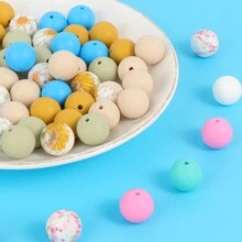 50入組15mm帶花紋印花的矽膠圓形間隔珠，適用於鑰匙扣、手鍊、項鍊、DIY配飾 - 彩色 - 查看 5