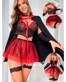 Conjunto 7 piezas Lenceria Disfraz de Vampira sexy para halloween y cosplay con brasier tipo corset y tanga con lentejuelas, falda liguero, gargantilla, mangas y capa - Rojo - Ver 1