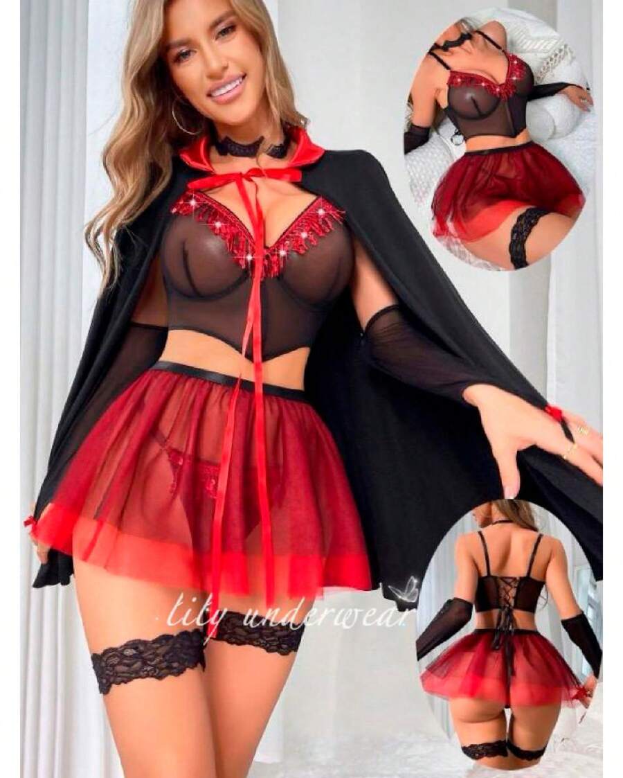 Conjunto 7 piezas Lenceria Disfraz de Vampira sexy para halloween y cosplay con brasier tipo corset y tanga con lentejuelas, falda liguero, gargantilla, mangas y capa - Rojo - Ver 1