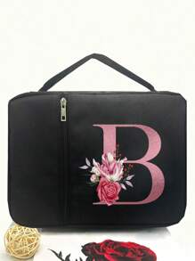 黑色圣经袋，带玫瑰深粉色首字母印花图案，适用于存放圣经书籍、圣经文件夹、便携式储物袋、带拉链和口袋的标准尺寸圣经袋，用于存放书籍、平板电脑、手机、杂物，带手柄的圣经袋，非常适合女士和男士手提包（拉链位置随机，无 U、V）组织者组织 - 黑色 - 查看 6