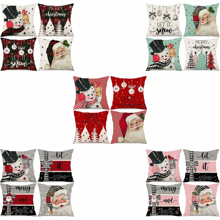 4pcs Christmas Decoration Pillowcase Red And White Polka Dot Santa Claus Snowflakes Christmas Balls Snow Christmas Tree Winter Holiday Pillow Decoration Cushion Cover Single Side No Pillow Core