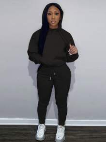 Ladies Warm Drawstring Hoodie Sweatshirt Sweatpants Sweatpants Simple Solid Color Suitable For Autumn And Winter, With Pockets, Bunched Feet Sweatpants Comfortable Skin Warm Breathable Fashion Casual Sports Shirt Sweatpants Suit - Black - View 1