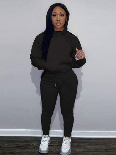 Ladies Warm Drawstring Hoodie Sweatshirt Sweatpants Sweatpants Simple Solid Color Suitable For Autumn And Winter, With Pockets, Bunched Feet Sweatpants Comfortable Skin Warm Breathable Fashion Casual Sports Shirt Sweatpants Suit