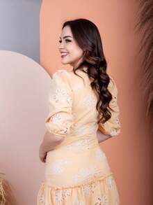 Puff Sleeve Dress With Floral And Delicate Embroidery Detail - 黃色 - 查看 6