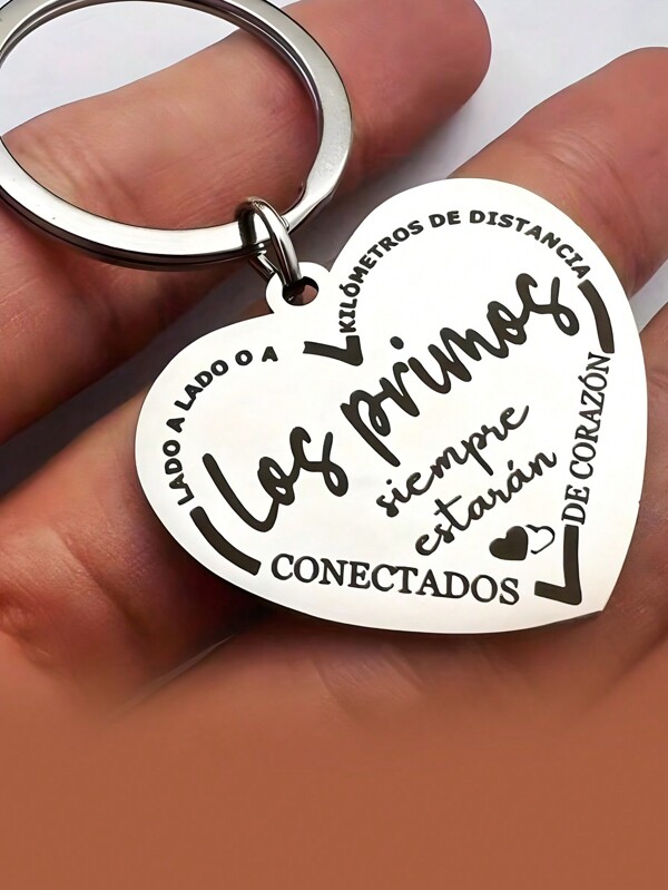 1 pieza Llavero con forma de corazón con la frase "Primos" en español, anillo de metal chapado en cromo, accesorio sentimental para llaves y bolsas, al por mayor para escuelas