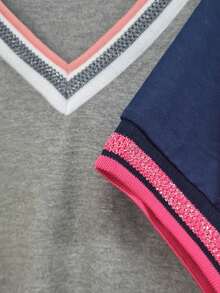 Women's Summer V-Neck T-Shirt - 紅白色 - 查看 3