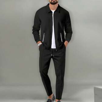 New Spring And Autumn Men's Outdoor Casual Jacket Zipper Shirt Jacquard Overcoat Trousers Suit