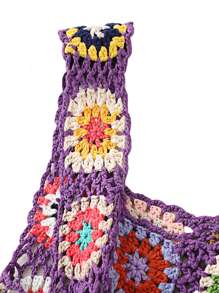 Womens Crochet Tank Top Knit Colorful Floral Embroidery Summer Boho Camisole Hollow Out Top - Purple - View 4