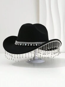 1 pièce Chapeau de cowboy unique et élégant unisexe avec une chaîne de chapeau ronde colorée, une décoration à franges. Esthétique chic, convient pour les événements à thème occidental, les fêtes, les fiançailles, les soirées costumées, les remises de diplômes, les festivals de musique et plus encore