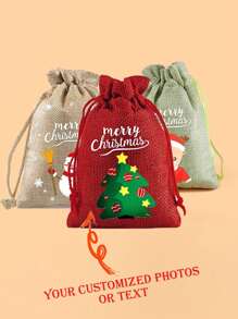 Customized Christmas Burlap Drawstring Bags, Christmas Gift Bags, Candy Bags, Jewelry Gift Bags, Wedding Gift Burlap Pouches, Holiday Candy Bags - Multicolor - View 2