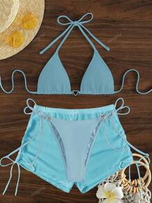 3pcs/Set Light Blue Bowknot Rhinestone Decor Bikini Set Swimwear With Cover-Up Shorts, Sunproof, For Summer Beach Vacation