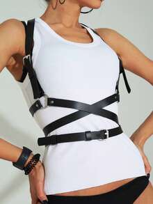 1 件装性感女士束身衣腰带 PU 皮革胸带朋克街头铆钉装饰腰带适合派对和节日 - 黑色 - 查看 1