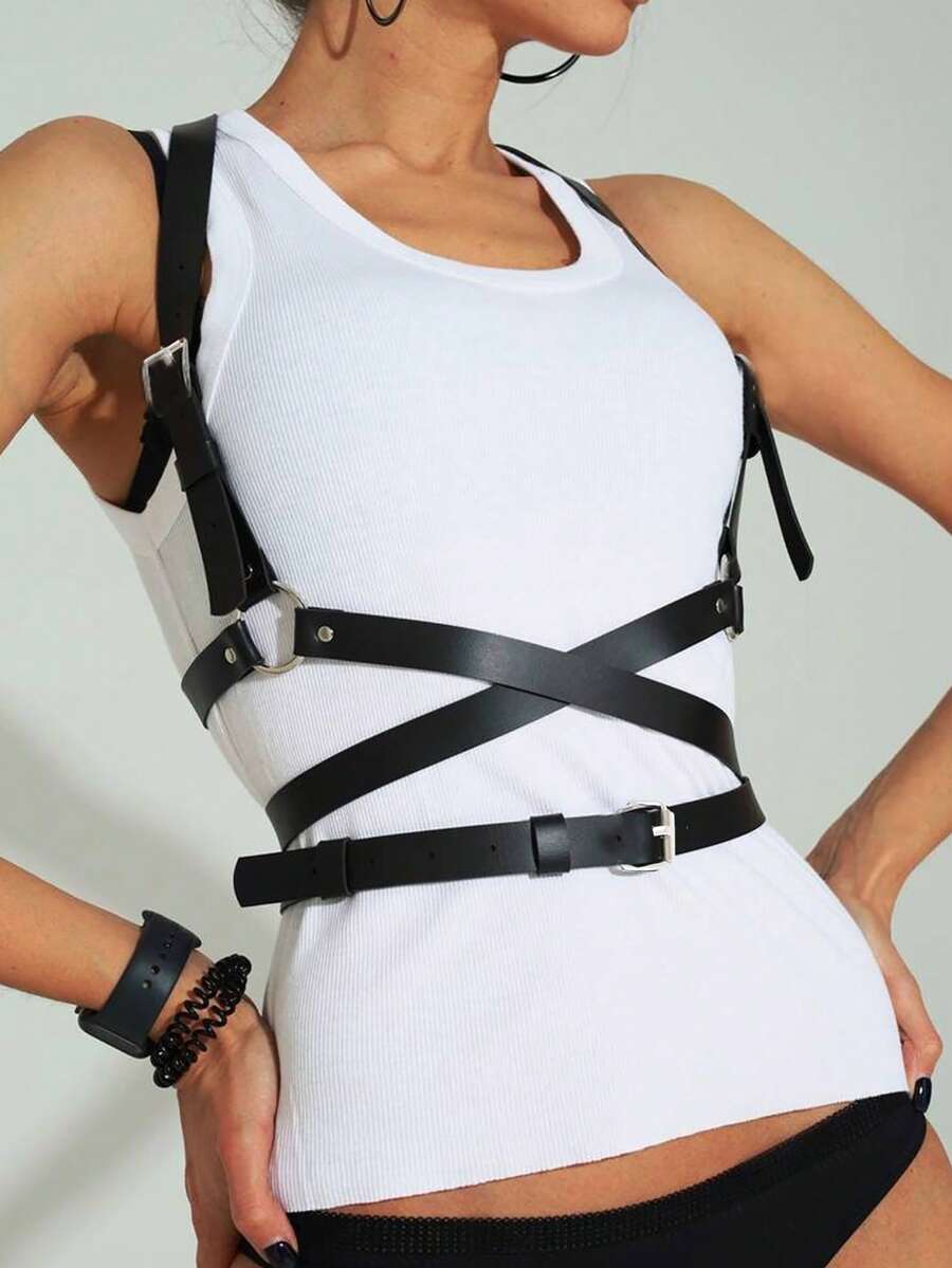 1 件装性感女士束身衣腰带 PU 皮革胸带朋克街头铆钉装饰腰带适合派对和节日 - 黑色 - 查看 1