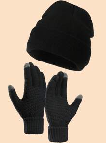 2 件套男士冬季帽子和手套，防风滑雪帽针织帽，情侣休闲帽家庭帽，黑色