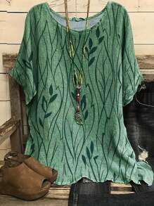Women T-Shirt Casual Loose Leaves Print Blouse Vintage Blouse Half Sleeves Top Shirts - Màu xanh Ô liu - Xem 1