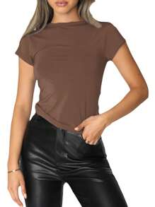 Women Fashion Wild T-Shirts Solid Color Round Neck Long Sleeve Bottoming Shirts Spring Autumn Slim Fit Streetwear - Brown - View 4