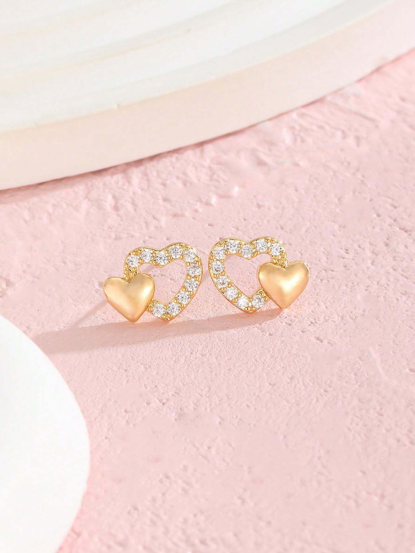 1pair Teen Girls Fashion Popular Rhinestone Paved Heart Shaped Stud