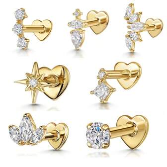 S925 Sterling Silver Studded Heart & Octagon Star Stud Earrings, Threaded Cartilage Piercing, Design