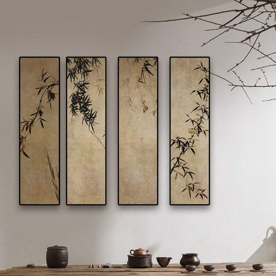 1 件茶室挂画，侘寂风格民宿过道，竹墨书院书房，新中式竖式装饰画，帆布