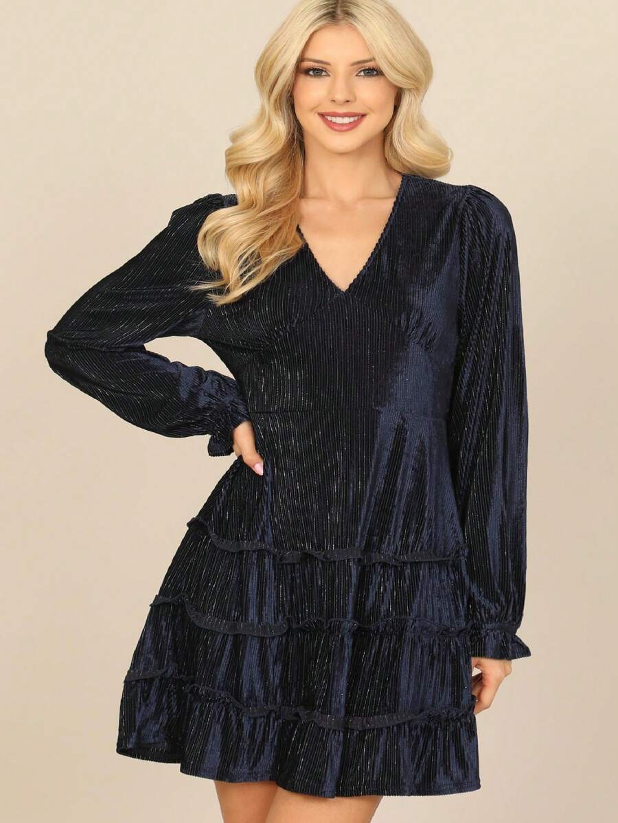 Midnight Velvet V-Neck Long Sleeve Silver Lining Ruffle Dress - MIDNIGHT VELVET - View 1