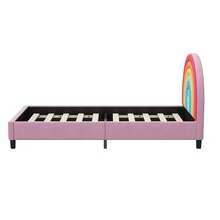 Rainbow Design Upholstered Twin Platform Bed Cute Style Princess Bed For Boys & Girls, Teens, Colorful & Pink - 七彩+絨+雙床 - 查看 7
