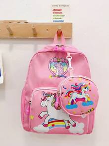 1 件女孩独角兽背包带拉链开合，可爱尼龙材质，适合所有季节，附赠零钱包 - 粉色 - 查看 3