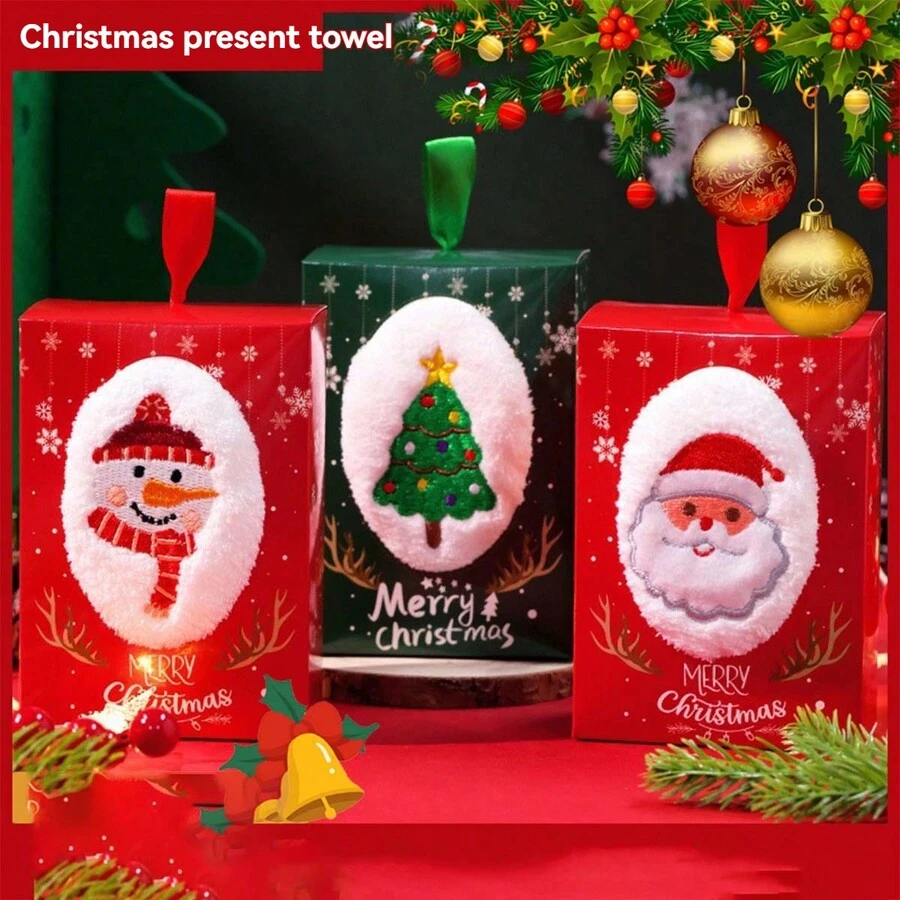 1PCChristmas Towel Gift Box Holiday Gift Kitchen Towel Soft Absorbent Christmas Hand Towel - Multicolor - View 1