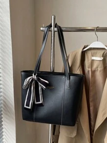 Bolso de mano con bolsillos con cremallera de gran capacidad, de unicolor retro de PU y seda, con decoración de pañuelo para mujer. Nuevo bolso de hombro de gran capacidad para otoño/invierno. Cartera con lazo de moda para mujer. Bolso de trabajo llamativo para mujer.