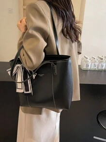 Bolso de mano con bolsillos con cremallera de gran capacidad, de unicolor retro de PU y seda, con decoración de pañuelo para mujer. Nuevo bolso de hombro de gran capacidad para otoño/invierno. Cartera con lazo de moda para mujer. Bolso de trabajo llamativo para mujer.