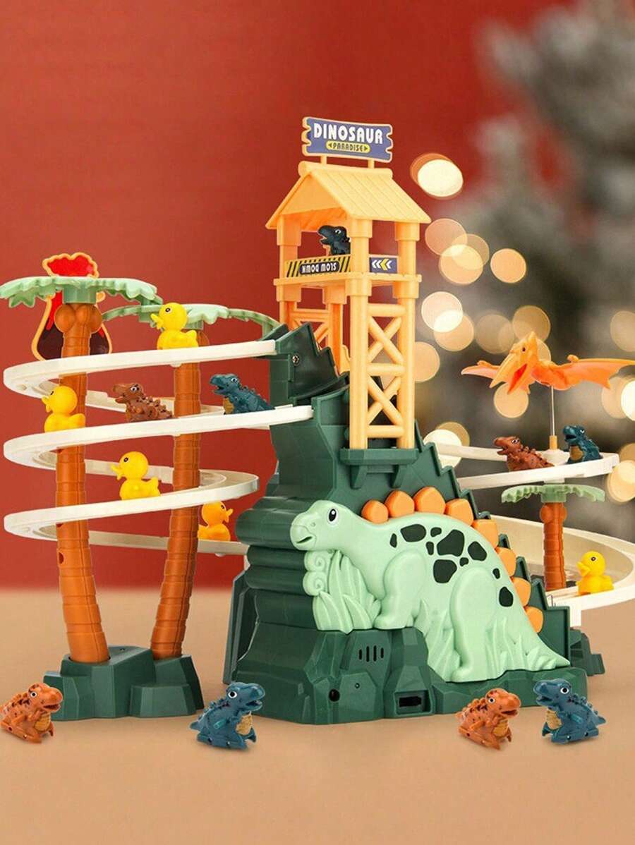 Electric Dinosaur Slider Toy With Stair Climbing Track, Light & Music