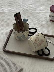 1pc Ins风格手绘梦幻蝴蝶陶瓷杯，双色釉蝴蝶设计拿铁杯，家用下午茶咖啡杯牛奶杯水杯果汁杯礼品杯返校