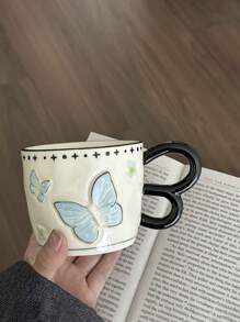 1pc Ins风格手绘梦幻蝴蝶陶瓷杯，双色釉蝴蝶设计拿铁杯，家用下午茶咖啡杯牛奶杯水杯果汁杯礼品杯返校