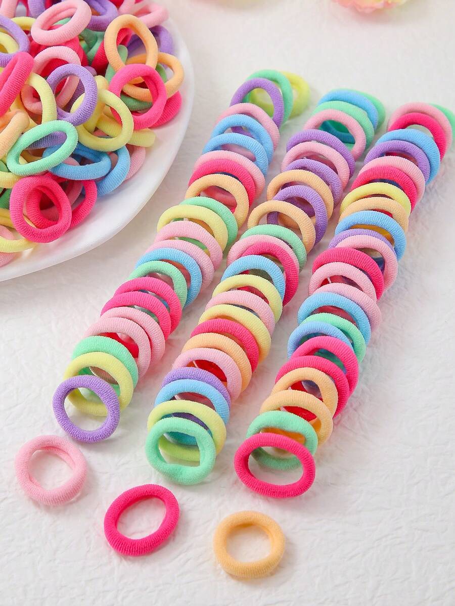 100 件装儿童春季纯色可爱百搭甜美弹力发圈，弹性好不会损伤头发，适合日常使用 - 彩色 - 查看 1