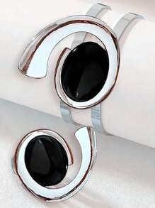 1set Fashion Exaggerated Pearl Inlaid Metal Bracelet & Ring Jewelry Mini Suit For Women, Perfect Gift - Antique Silver - View 2