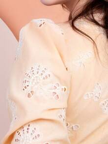 Puff Sleeve Dress With Floral And Delicate Embroidery Detail - 黃色 - 查看 5
