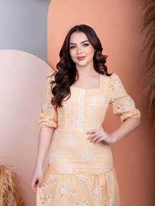 Puff Sleeve Dress With Floral And Delicate Embroidery Detail - 黃色 - 查看 3