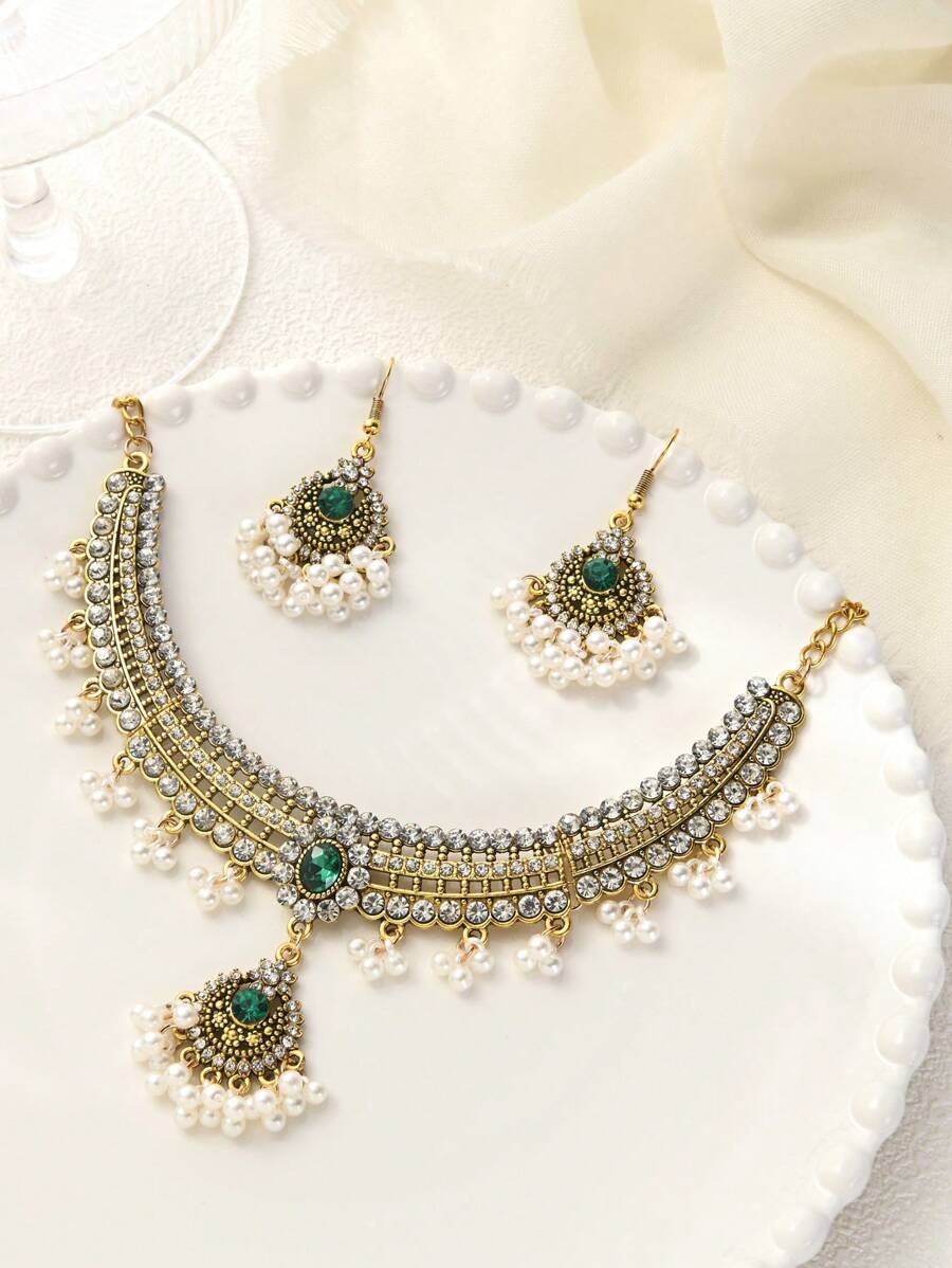 3pcs/Set Boho Style Crystal Diamond & Emerald Pendant Necklace Set - Green - View 1