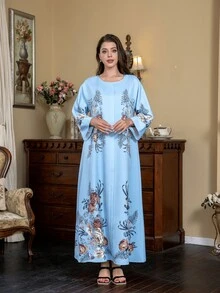High-Density Rhinestone & Beaded Middle East Style Elegant Round Neck Flare Sleeve Robe - Baby Blue - View 8