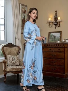 High-Density Rhinestone & Beaded Middle East Style Elegant Round Neck Flare Sleeve Robe - Baby Blue - View 6